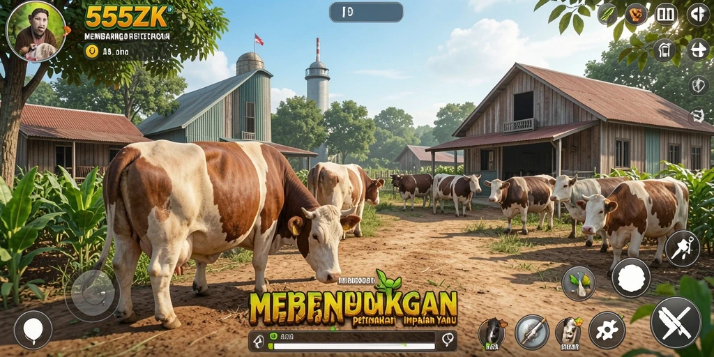 Tangkapan layar gameplay 555ZK menampilkan ladang yang indah dan interaksi petani.
