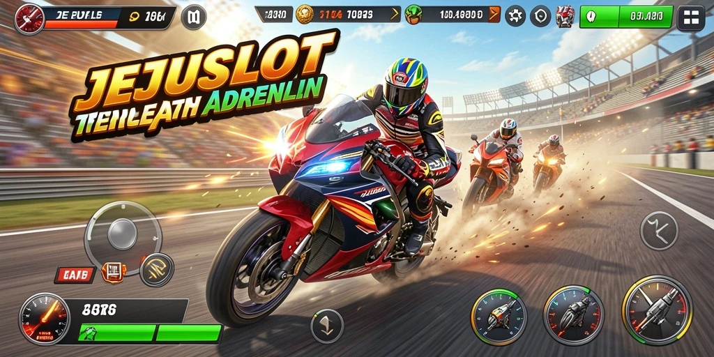Screenshot gameplay JEJUSLOT menampilkan aksi balapan motor yang intens.