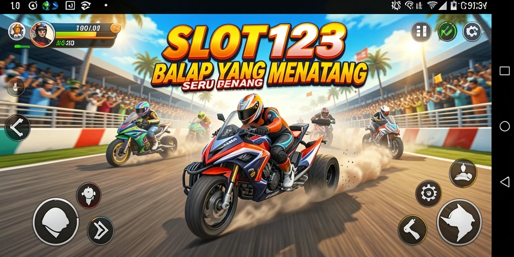 Screenshot utama SLOT123 menampilkan aksi balap yang mendebarkan.