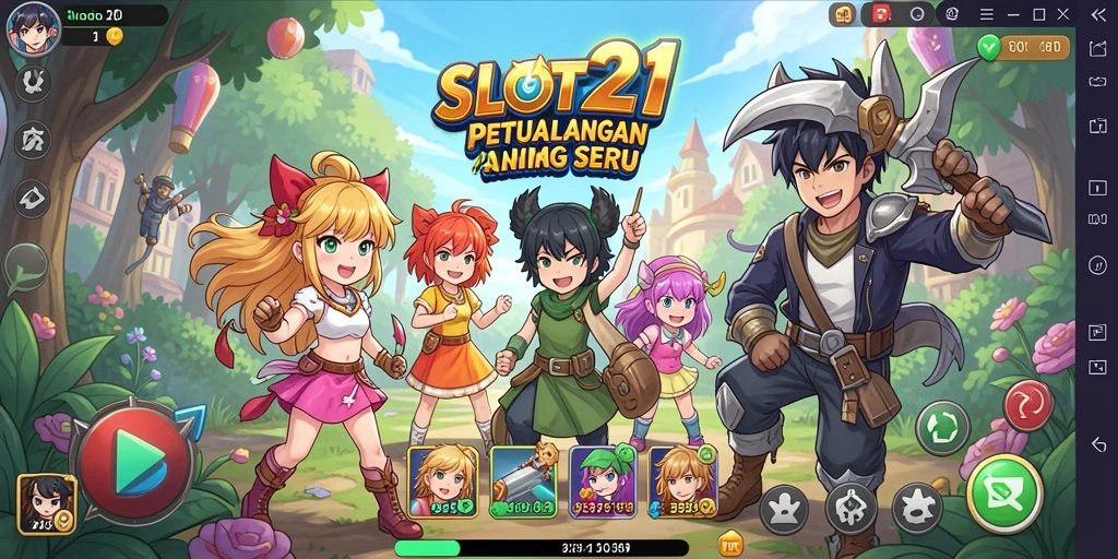 Tampilan gameplay SLOT21 yang penuh warna dan karakter anime menarik.