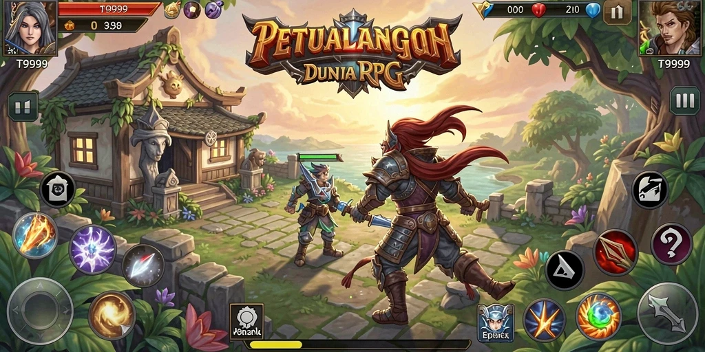 Screenshot T9999 menampilkan adegan pertempuran epik dalam dunia RPG.
