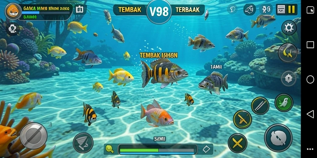 Screenshot V98 menampilkan aksi menembak ikan yang seru dan menegangkan.